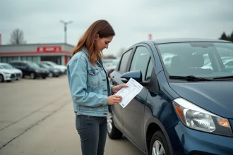 Femme examinant une voiture d'occasion compacte dans un parking de concessionnaire, tenant une fiche de prix pour un budget inférieur à 10 000 euros