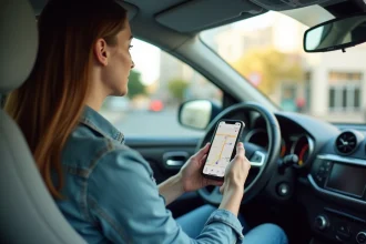 Femme au volant consultant une application de navigation GPS sur son smartphone monté dans la voiture