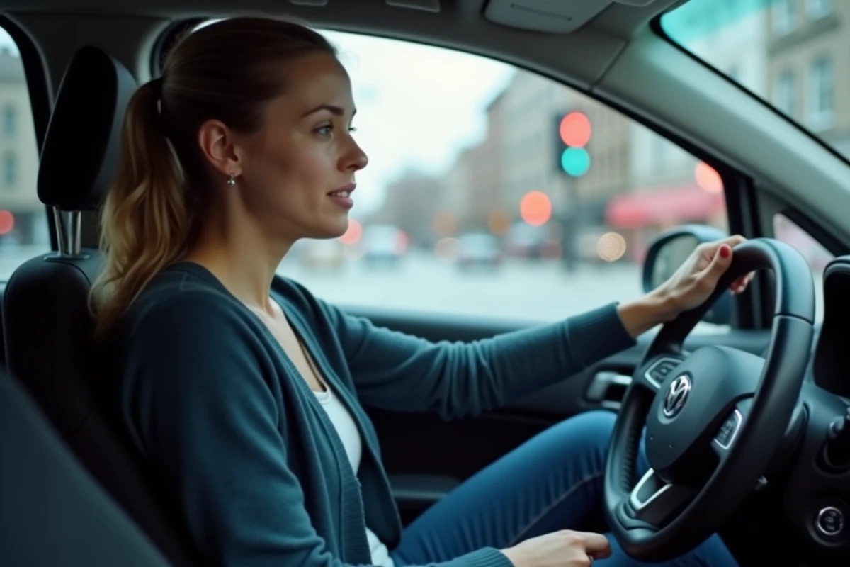 Femme au volant d'une voiture manuelle avec le pied sur l'embrayage à un carrefour urbain