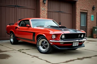 Ford Mustang muscle car 1969 d'occasion rouge avec patine et rouille visible, garé devant un garage vintage en briques