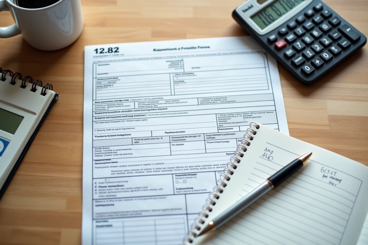 Vue aérienne d'un bureau avec formulaire fiscal TVS, calculatrice et notes manuscrites sur les émissions de véhicules