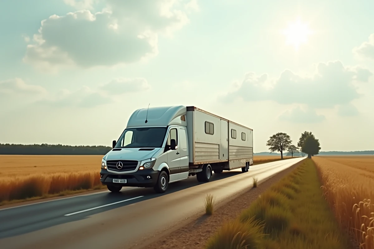 Fourgon utilitaire tractant un van à chevaux sur une route de campagne, vue aérienne grand angle