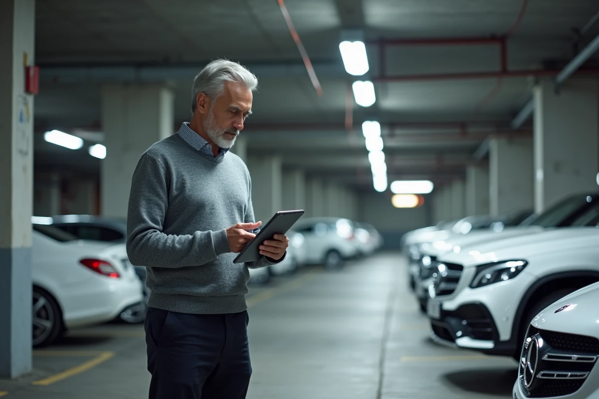 Gestionnaire de flotte automobile consultant les données fiscales TVS sur une tablette dans un parking d'entreprise