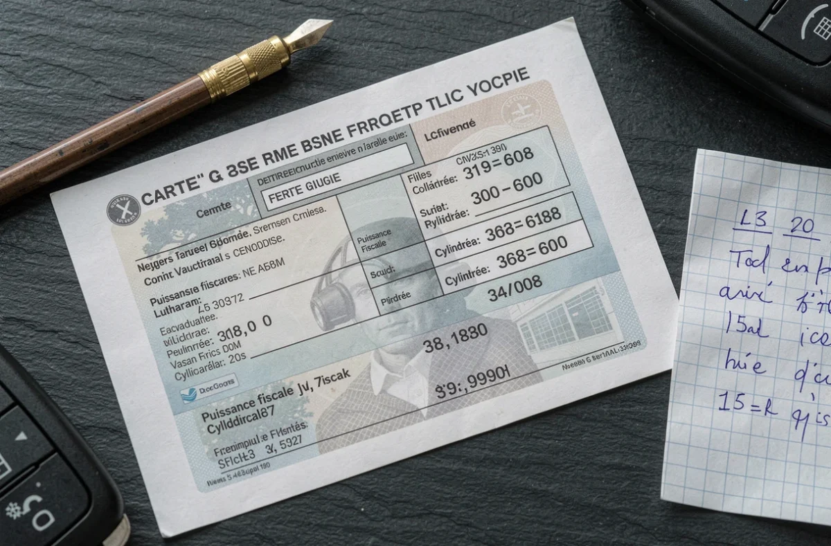 Gros plan d'une carte grise française avec les champs puissance fiscale et cylindrée visibles pour le calcul des chevaux fiscaux