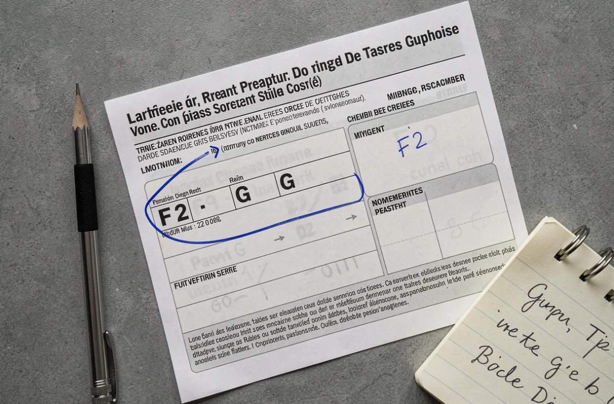 Gros plan d'une carte grise avec les champs de poids F2 et G entourés au stylo pour une Renault Clio