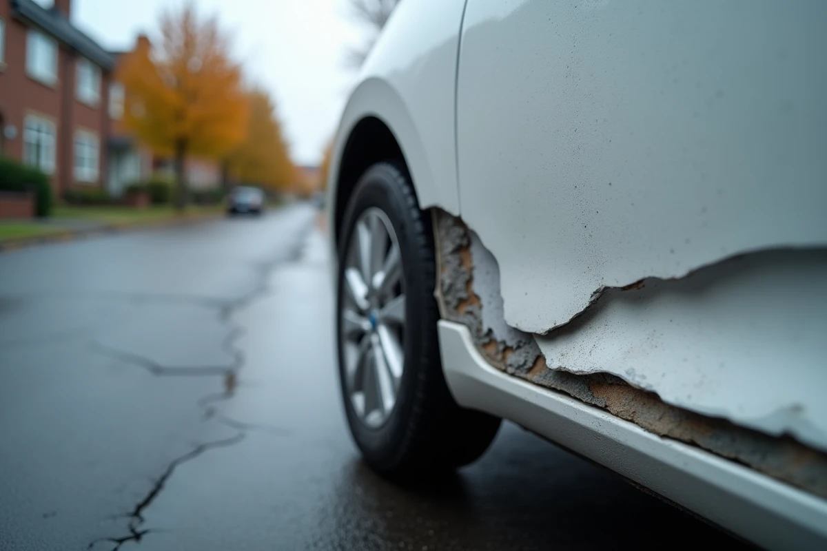 Gros plan sur les dommages secondaires visibles sur la portière d'une voiture blanche garée en rue