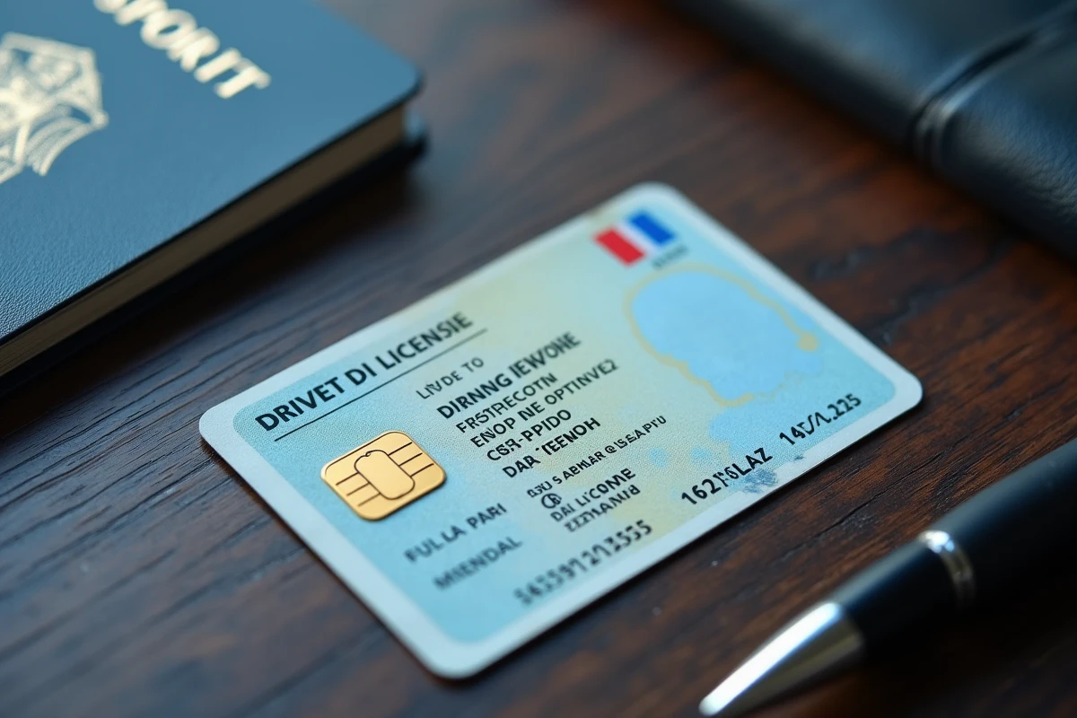Gros plan d'un permis de conduire français usé posé sur une table en bois à côté d'un passeport, illustrant la question de la péremption du document