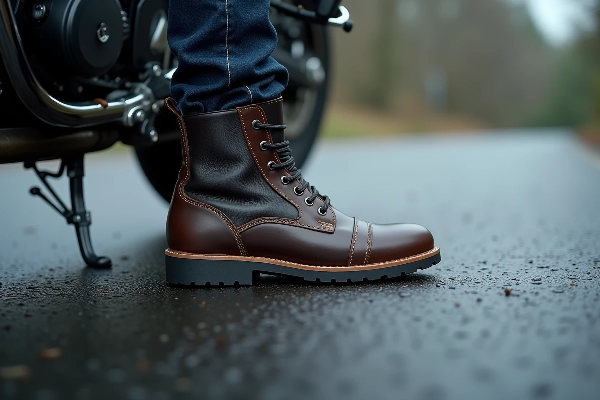 Gros plan sur la botte d'un motard posée à plat sur l'asphalte mouillé lors d'un arrêt, mettant en valeur la technique et l'équipement de protection