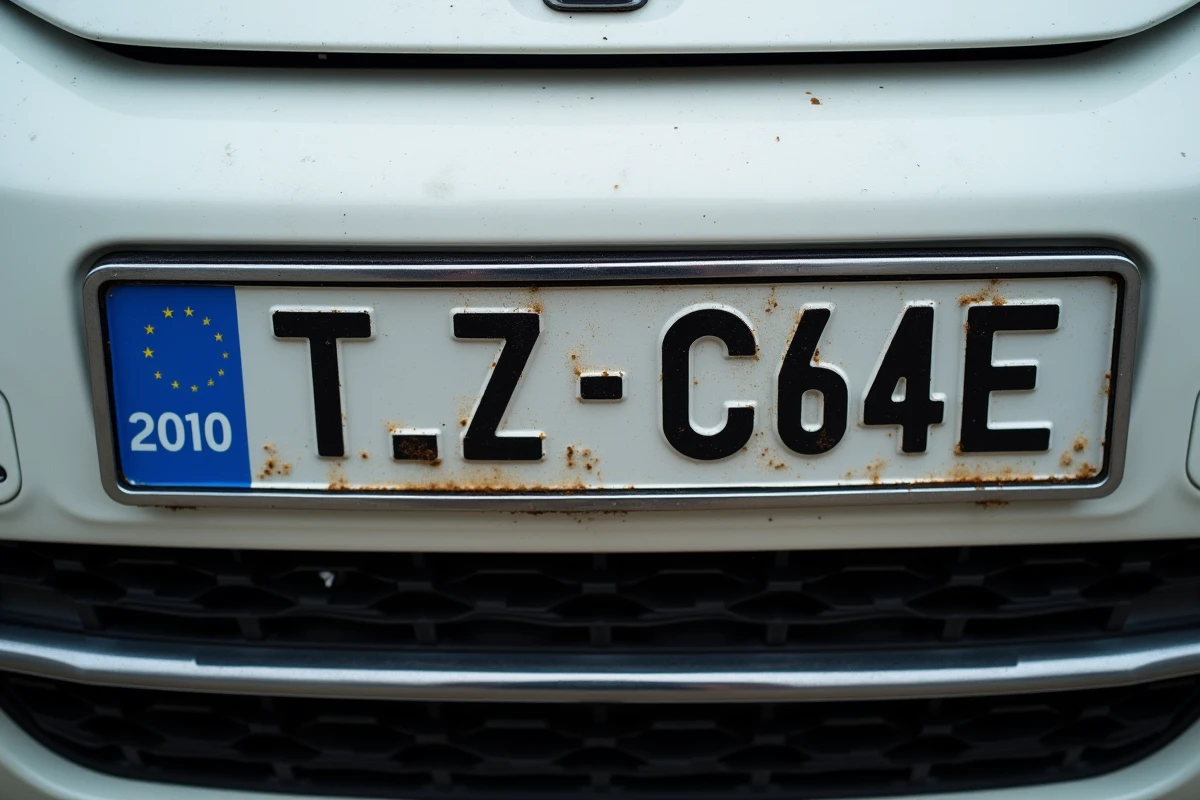 Gros plan d'une plaque d'immatriculation française sur le pare-chocs avant d'une voiture blanche