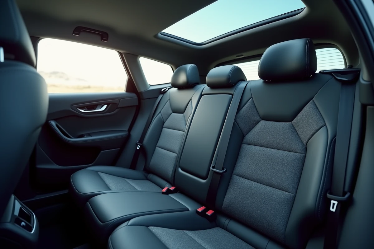 Habitacle arrière de la Peugeot 308 nouvelle génération avec sièges en tissu, toit panoramique et finitions modernes