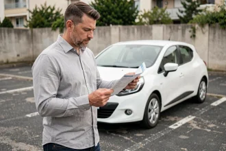 Homme tenant une carte grise de Renault Clio dans un parking pour vérifier le poids du véhicule
