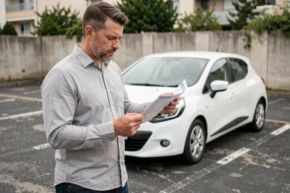 Homme tenant une carte grise de Renault Clio dans un parking pour vérifier le poids du véhicule