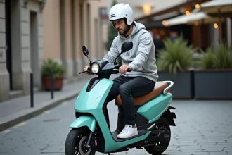 Homme casqué assis sur un scooter électrique en ville consultant son téléphone, illustrant les règles du permis pour scooter électrique