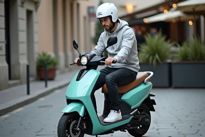 Homme casqué assis sur un scooter électrique en ville consultant son téléphone, illustrant les règles du permis pour scooter électrique