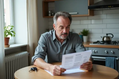Homme consultant des documents d'assurance automobile à une table de cuisine, illustrant la question du malus en cas de non-assurance