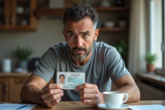 Homme d'une quarantaine d'années examinant son permis de conduire français à la maison en se demandant s'il est encore valide