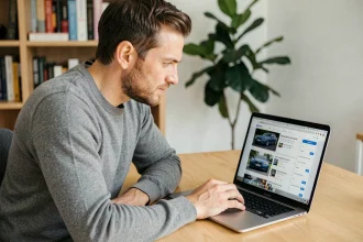 Homme consultant un forum BMW Série 3 sur son ordinateur portable dans un bureau à domicile moderne
