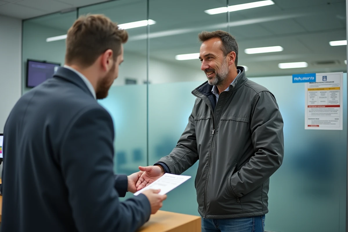 Homme déposant ses documents administratifs au guichet d'une préfecture pour changer son permis de conduire