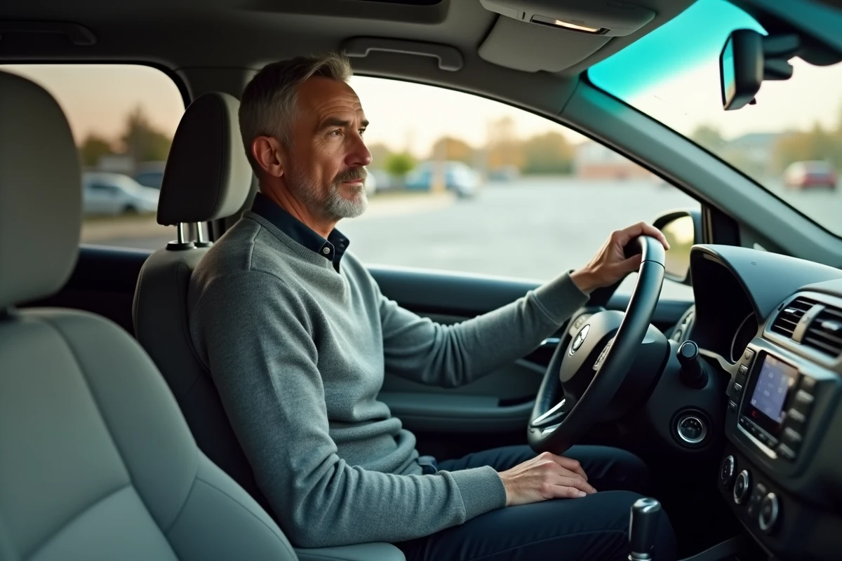 Homme assis au volant d'une voiture d'occasion évaluant l'intérieur avant achat pour moins de 10 000 euros