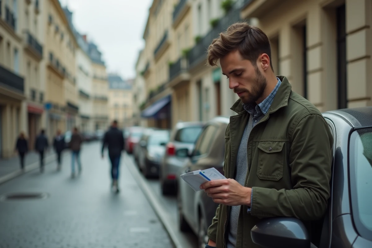 Homme debout près de sa voiture consultant son permis de conduire dans une rue parisienne