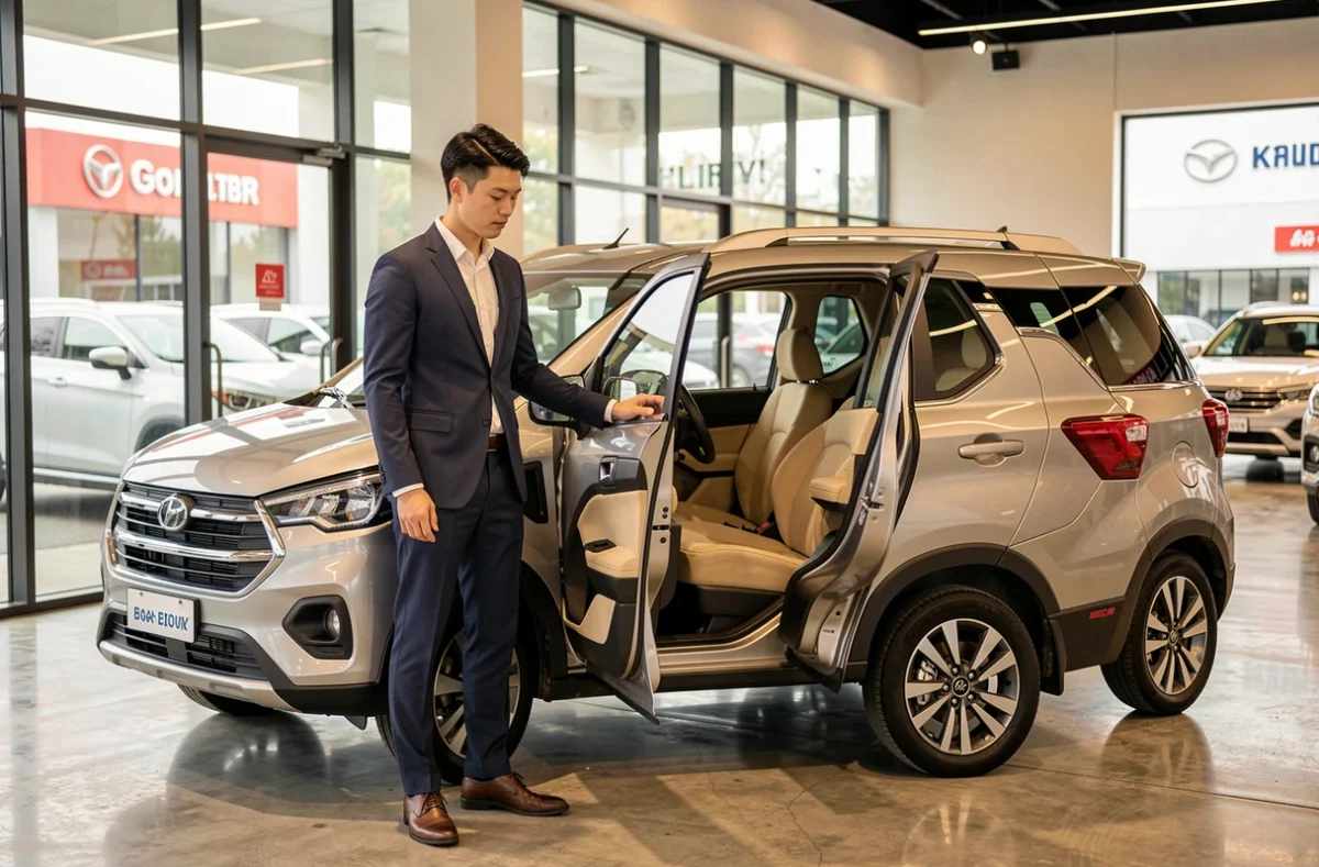 Un homme examine l'intérieur d'un SUV chinois dans une salle d'exposition automobile, illustrant le choix d'un véhicule au meilleur rapport qualité-prix