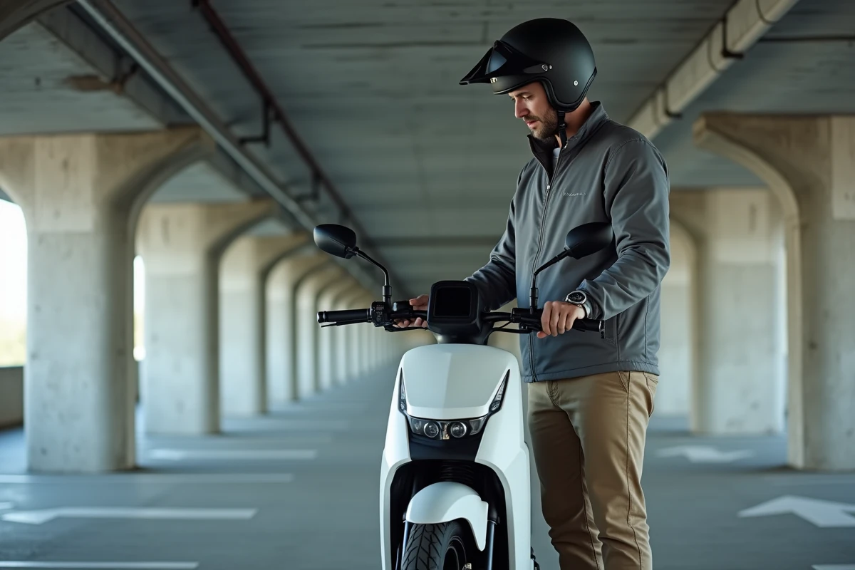 Homme consultant le tableau de bord numérique d'une moto électrique blanche dans un parking souterrain
