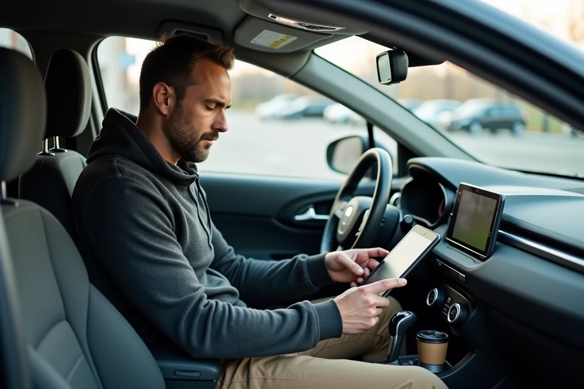 Homme consultant une demande de covoiturage sur une tablette assis dans l'habitacle de sa voiture