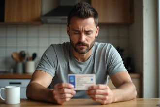 Homme tenant son permis de conduire français pour vérifier sa validité à la maison
