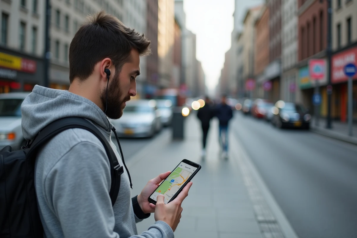 Homme en ville utilisant une application de navigation GPS sur smartphone pour trouver son chemin