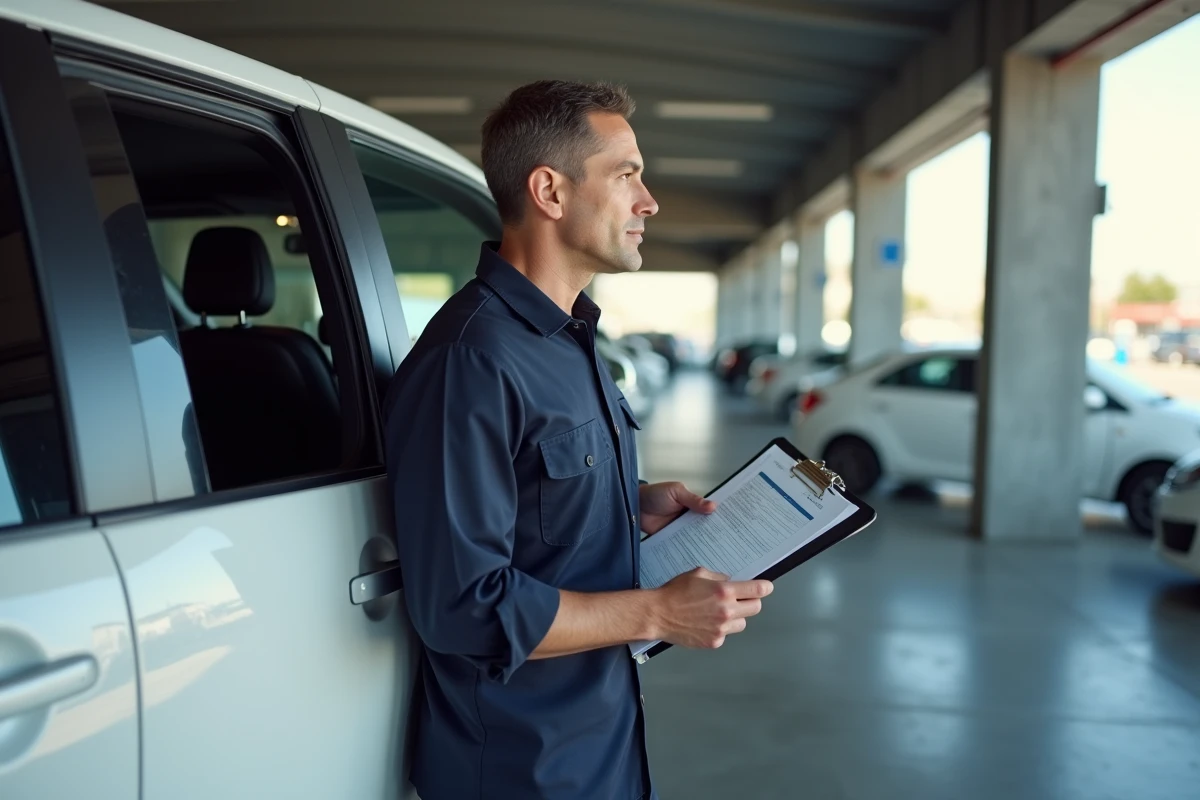 Inspecteur automobile vérifiant le nombre de places d'un minivan à l'aide d'un formulaire de carte grise