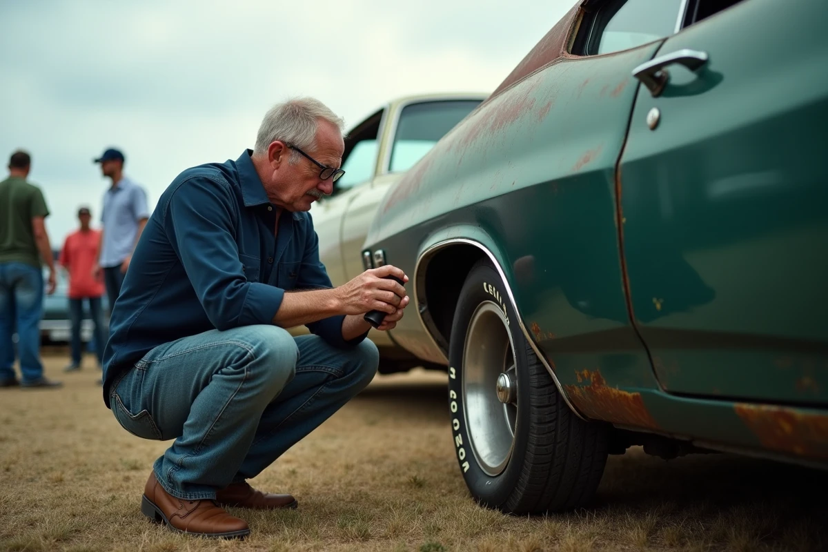 Acheteur inspectant la carrosserie rouillée d'une muscle car américaine 1969 lors d'un salon de voitures classiques d'occasion
