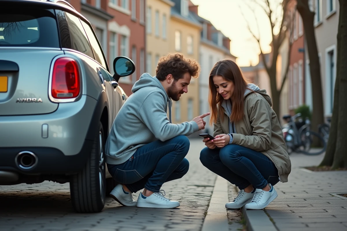 Deux amis inspectant une petite voiture d'occasion dans une rue résidentielle en consultant une application d'estimation de prix