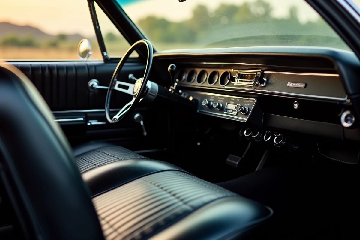 Intérieur authentique d'une Chevrolet Impala 1967 avec tableau de bord vintage et siège banquette noir