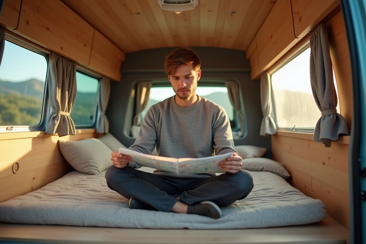 Intérieur aménagé d'un van bas de toit avec espace de couchage compact et faible hauteur sous plafond