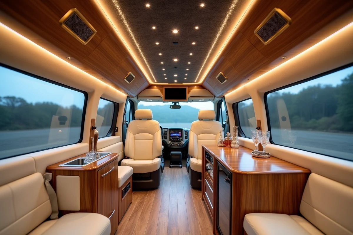 Intérieur luxueux d'un van aménagé avec sièges en cuir crème, boiseries en noyer poli, minibar en cristal et plafond étoilé en fibre optique
