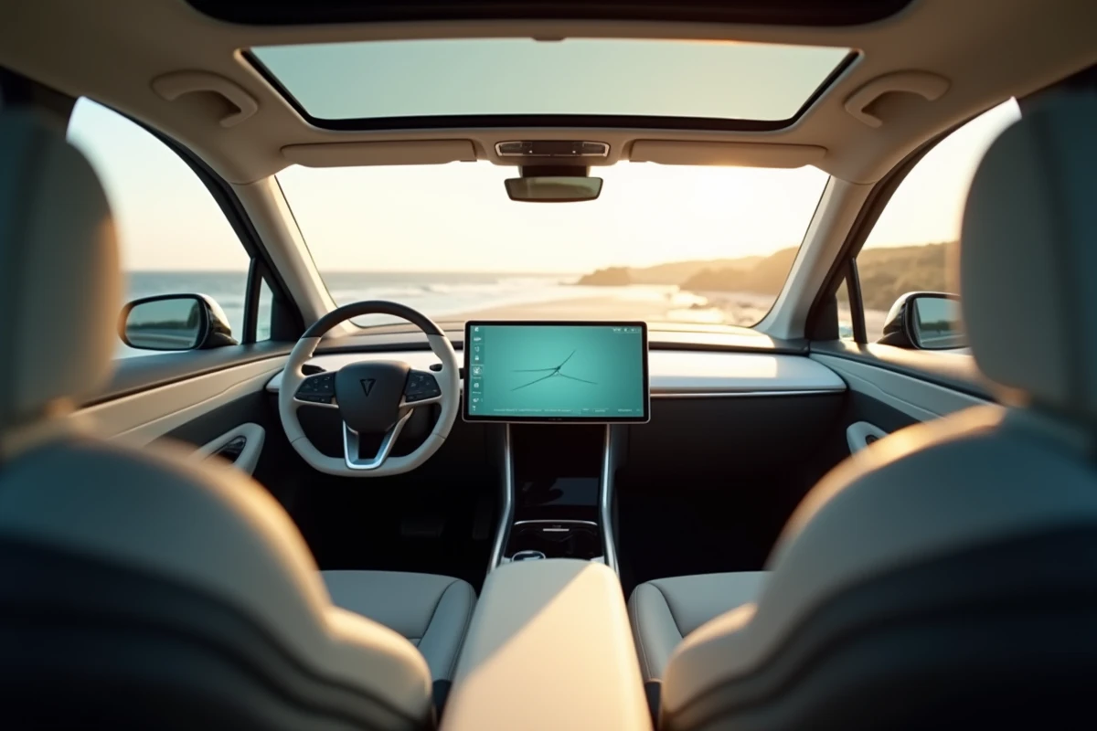 Intérieur moderne d'un véhicule électrique avec grand écran tactile et tableau de bord minimaliste