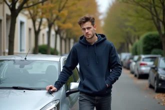 Jeune conducteur tenant les clés d'une voiture qui ne lui appartient pas dans une rue résidentielle