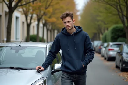 Jeune conducteur tenant les clés d'une voiture qui ne lui appartient pas dans une rue résidentielle