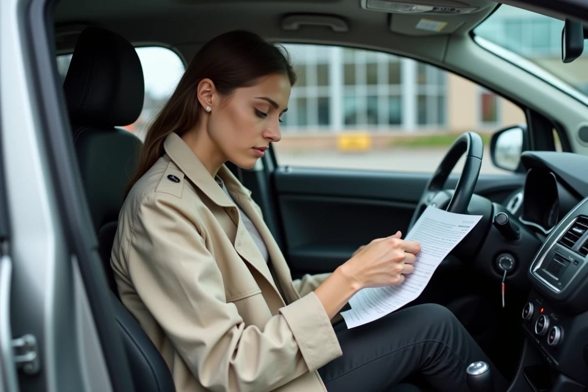 Jeune conductrice vérifiant les documents d'assurance avant de conduire un véhicule emprunté