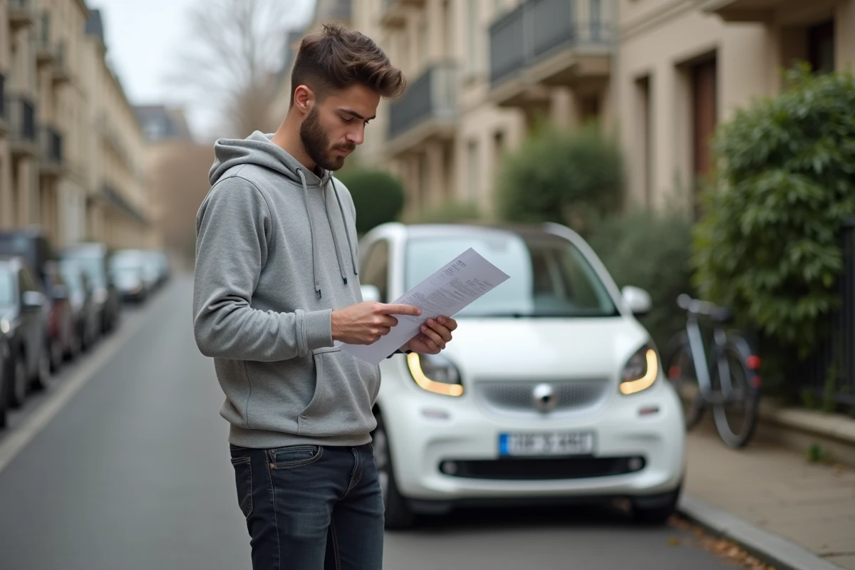 Jeune homme consultant un document d'assurance à côté d'une voiture sans permis