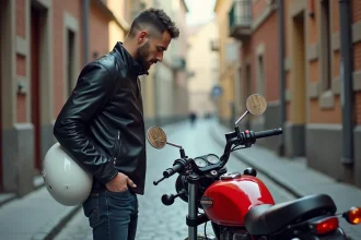 Jeune homme évaluant une moto 125cc rouge dans une rue urbaine pavée, casque sous le bras
