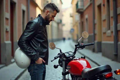Jeune homme évaluant une moto 125cc rouge dans une rue urbaine pavée, casque sous le bras