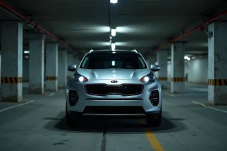 Une Kia Sportage argentée garée seule dans un parking urbain sombre, illustrant la vulnérabilité des véhicules Kia face au vol