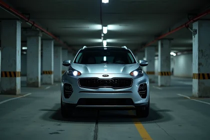 Une Kia Sportage argentée garée seule dans un parking urbain sombre, illustrant la vulnérabilité des véhicules Kia face au vol