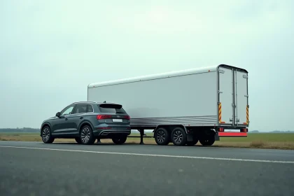 Remorque cargo blanche accrochée à un SUV gris foncé sur une route rurale française, vue latérale montrant la longueur totale de l'attelage
