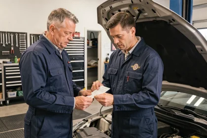 Mécanicien professionnel consultant un certificat d'immatriculation pour convertir les chevaux moteur en chevaux fiscaux