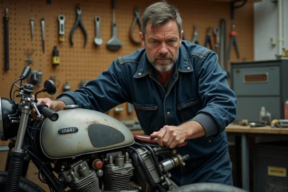 Mécanicien moto inspectant un moteur de moto dans un atelier pour diagnostiquer des ratés moteur