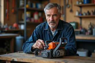 Mécanicien lisant l'étiquette d'un bidon d'huile 4 temps avant de l'utiliser sur un moteur 2 temps
