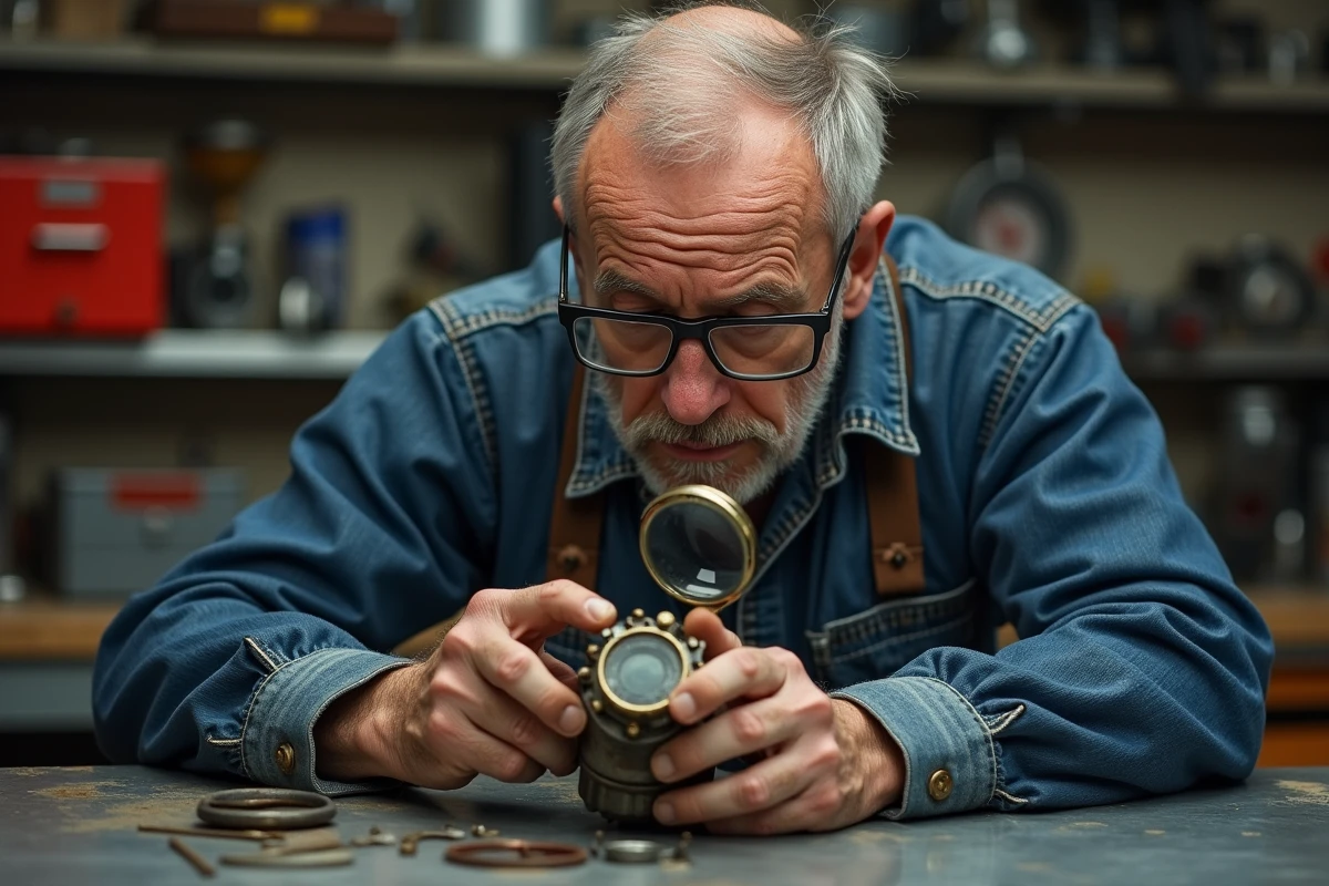 Mécanicien inspectant un carburateur corrodé de Suzuki 750 GT lors d'une restauration