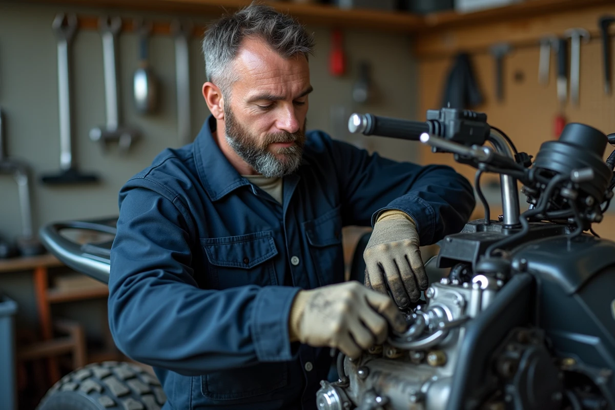 Mécanicien professionnel inspectant le moteur d'un quad dans un atelier, représentant l'entretien et la fiabilité mécanique des marques de quad